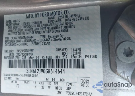 2016 Lincoln Mkz из США, поврежденный, VIN 3LN6L2J90GR614644